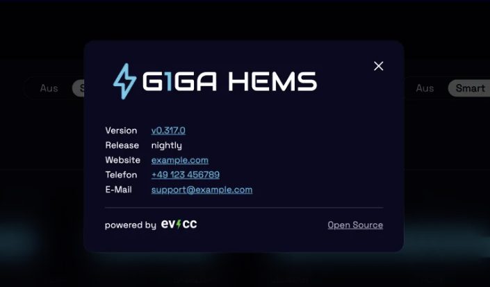 Beispiel für ein eigenes Logo und eigene Kontaktdaten im Infofenster von evcc