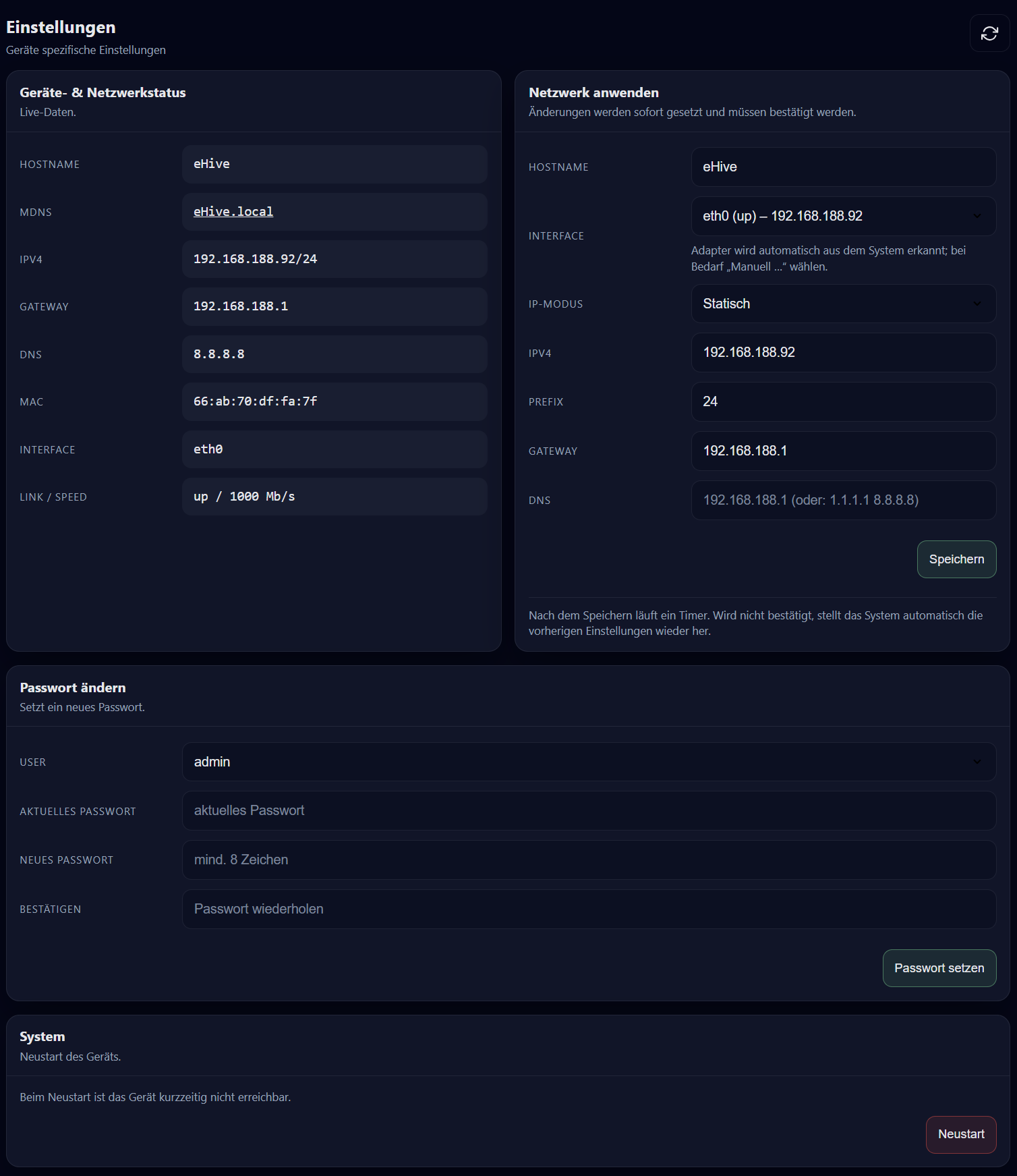 SmartHub – Einstellungen / Netzwerk