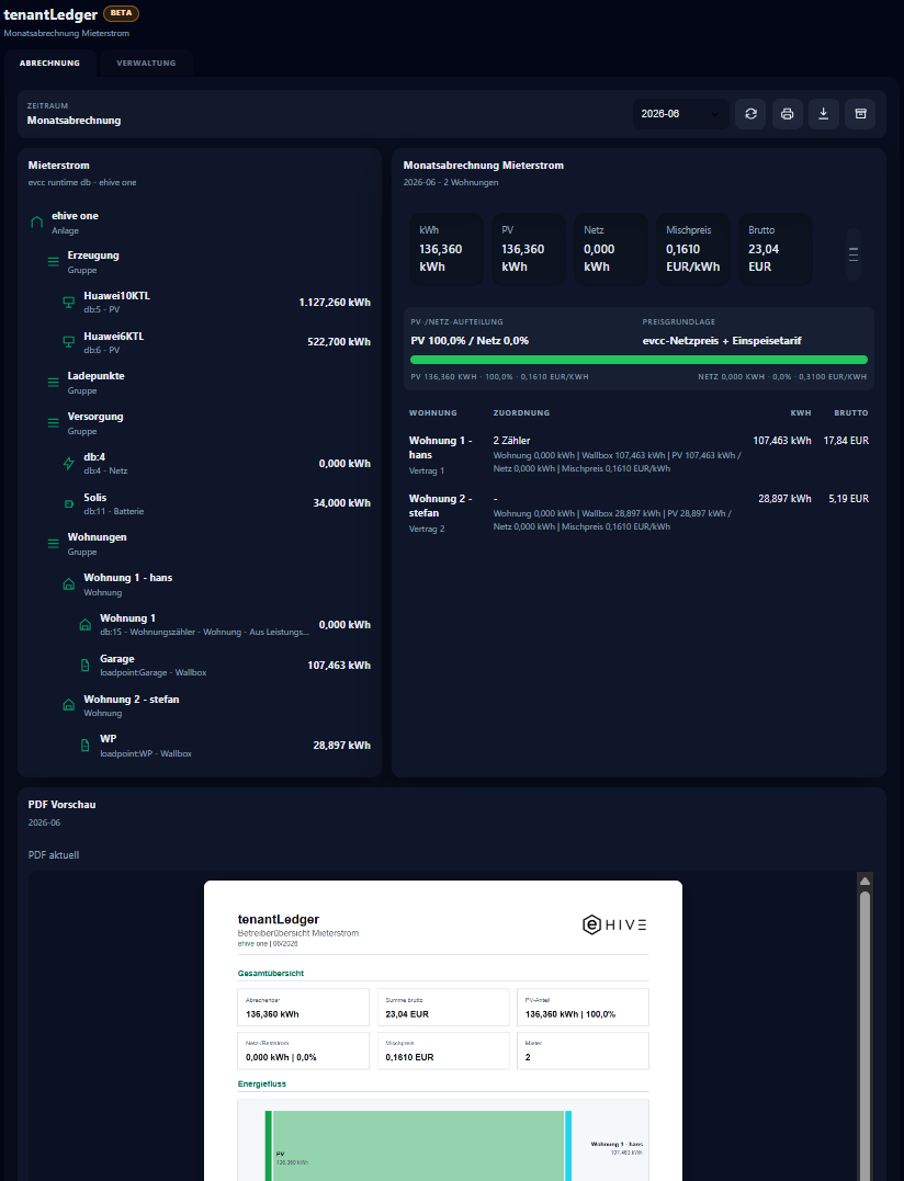 tenantLedger Abrechnung mit Preisfluss und PDF-Vorschau