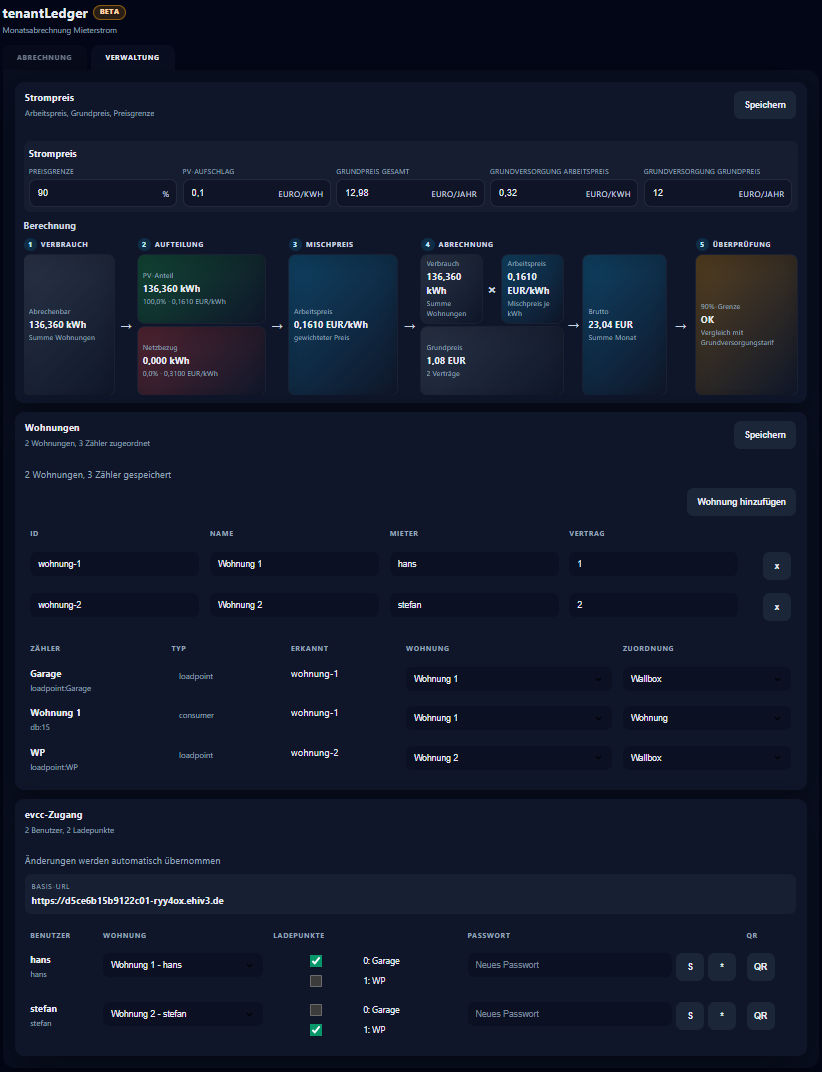 tenantLedger Verwaltung mit Wohnungen, Zählern und Preisparametern