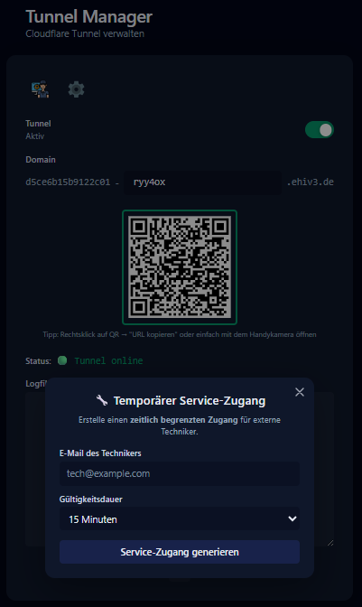 Tunnel Manager Dialog für temporären Service-Zugang